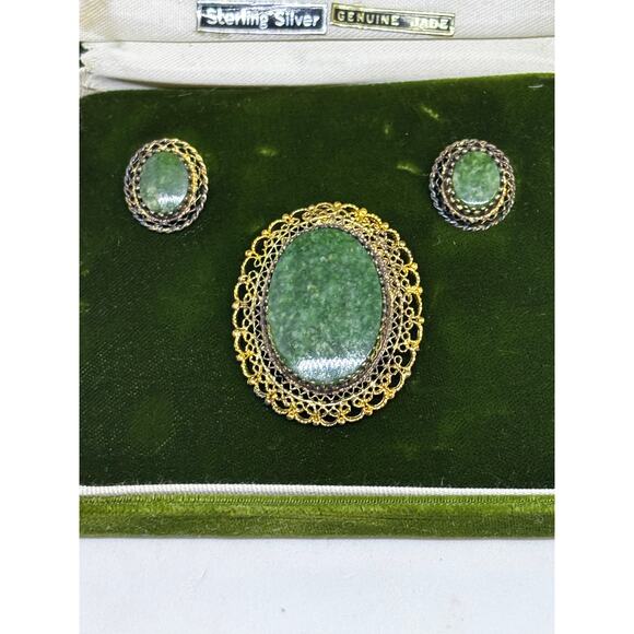 Sterling Signed K.L. Karen Lynne Celadon Jade Stone Filigree Brooch/Earring Set - Picture 2 of 10